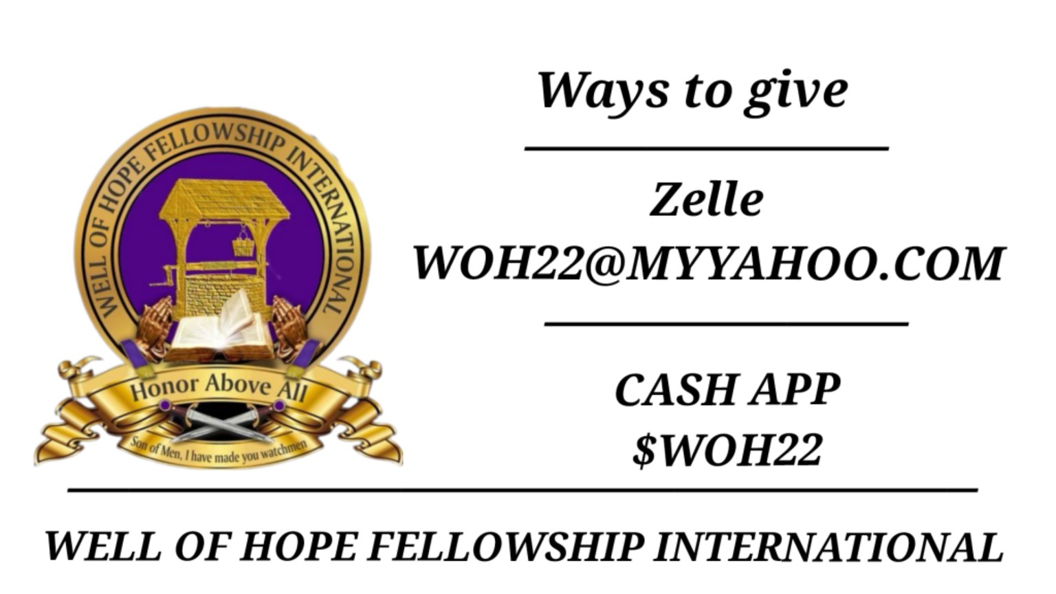 Ways to give to Well of Hope Fellowship International